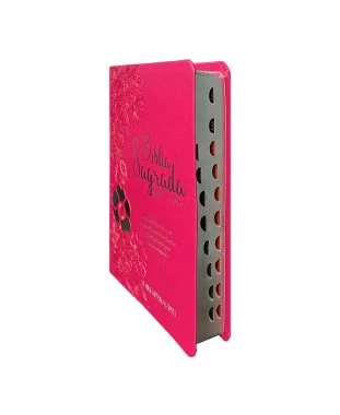 BÍBLIA L. HIPERGIGANTE ARC FULL COLOR PU LUXO C/ HARPA C/ ÍNDICE PRATEADA FLORAL DÁLIA PINK