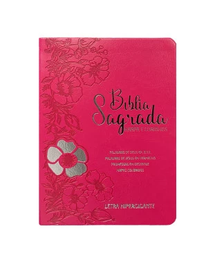 BÍBLIA L. HIPERGIGANTE ARC FULL COLOR PU LUXO C/ HARPA C/ ÍNDICE PRATEADA FLORAL DÁLIA PINK