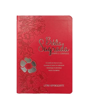 BÍBLIA HIPERGIGANTE ARC FULL COLOR C/HARPA PU LUXO PRATEADA - FLORAL DÁLIA VERMEL